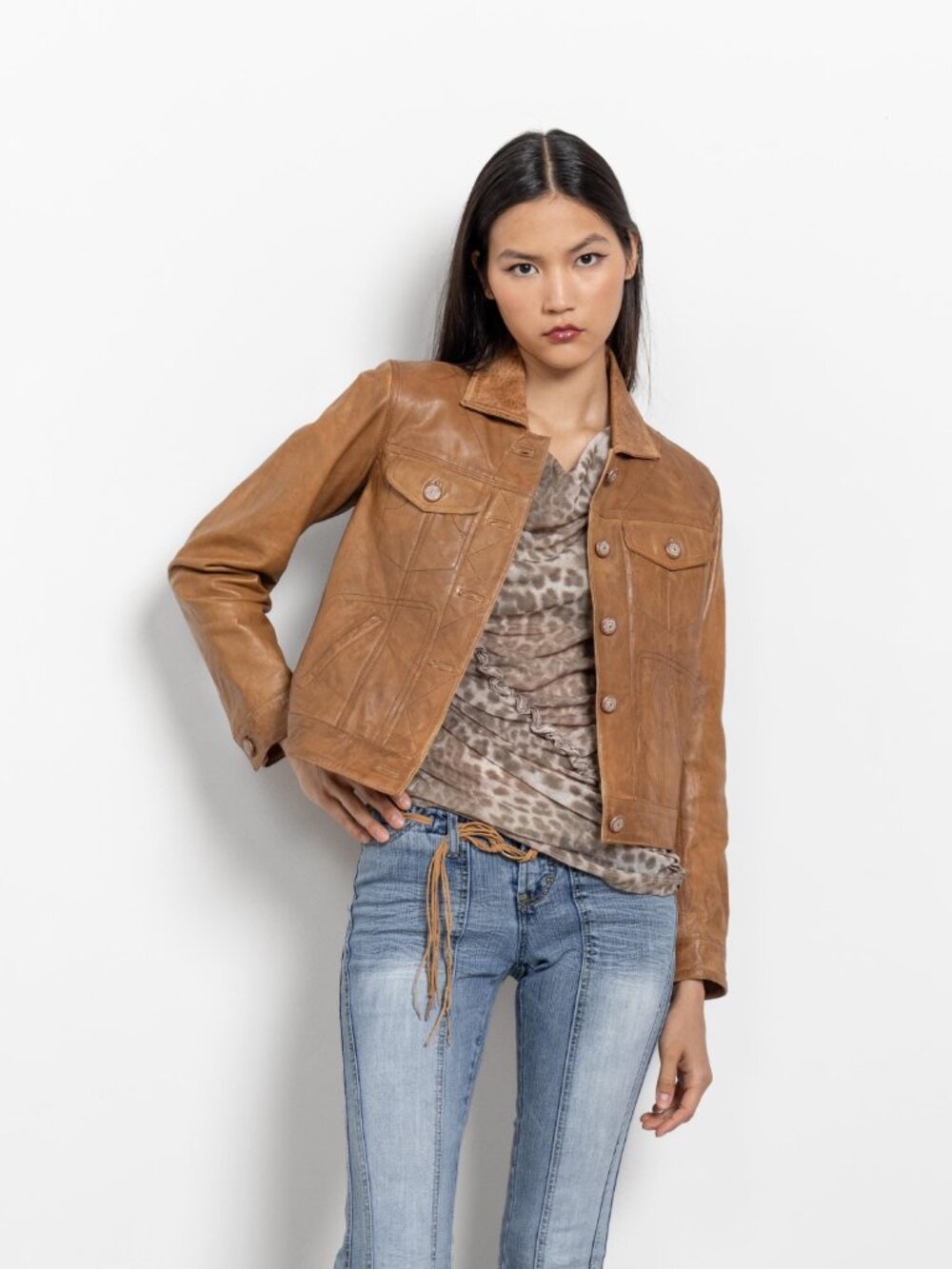BROWN LEATHER JACKET Small Jean Jacket Coat Vintage Y2K